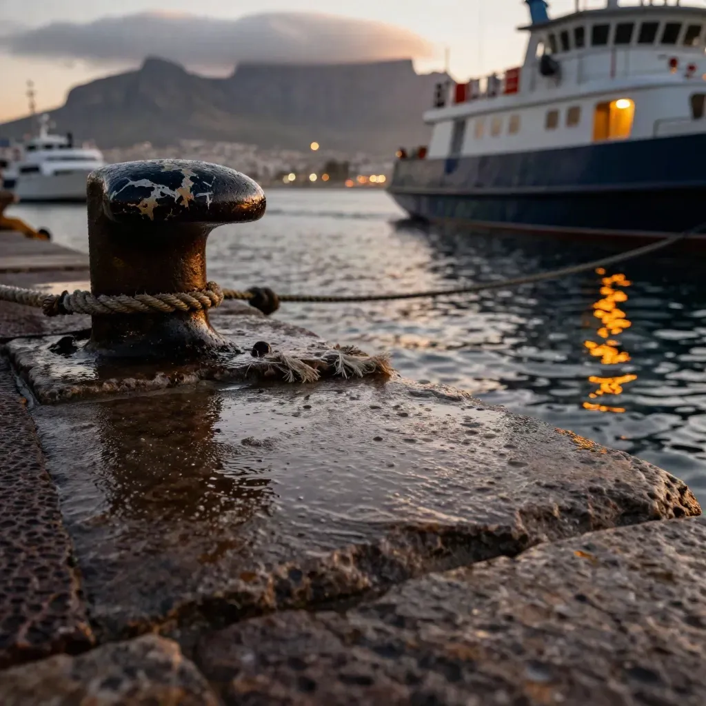 Kapstadt-Hafen bei Abendlicht mit nasser Mole, Booten und Pierlichtern