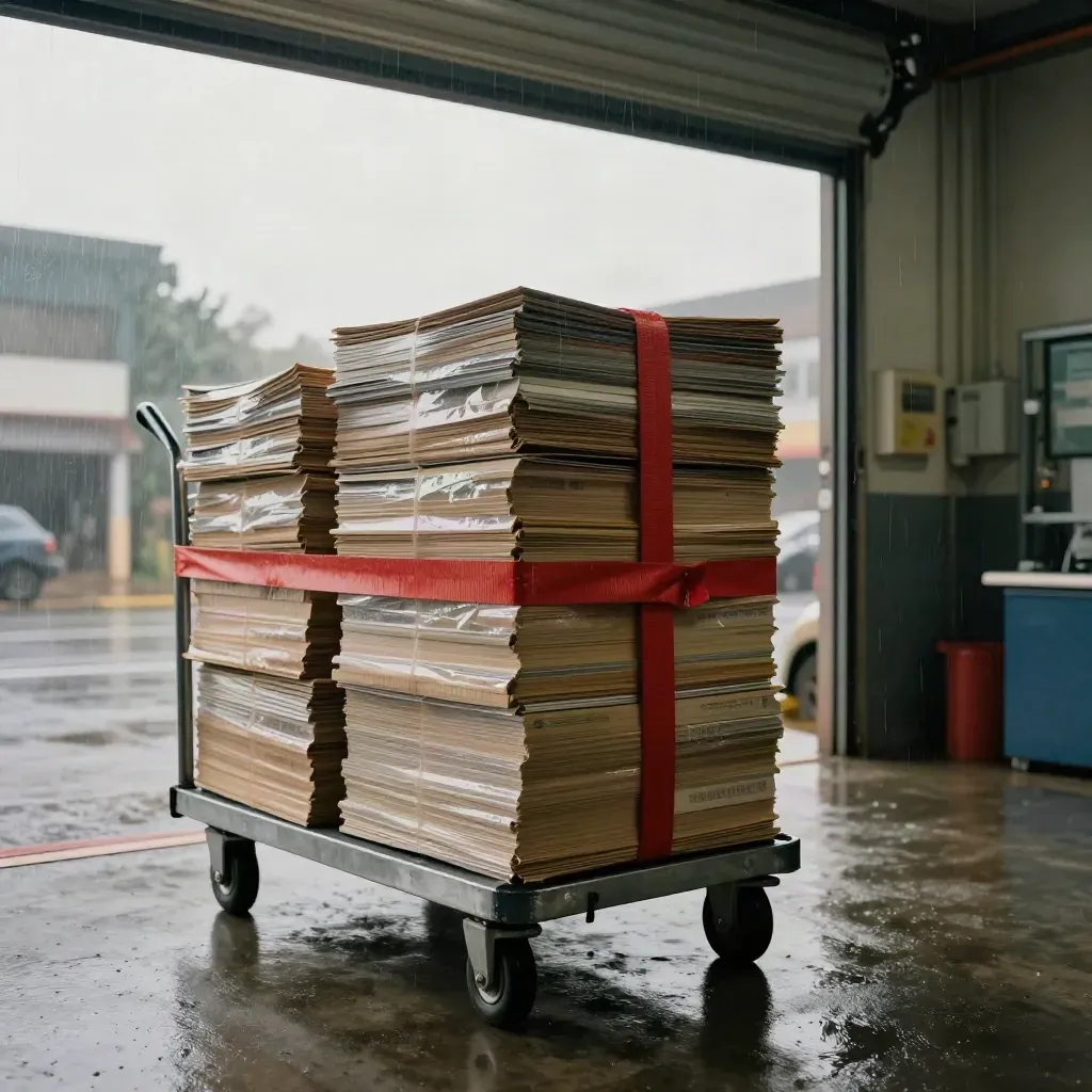 Durbaner Newsroom-Ladebereich mit Druckbündeln, Trolleys und Regen vor offener Rolltür.