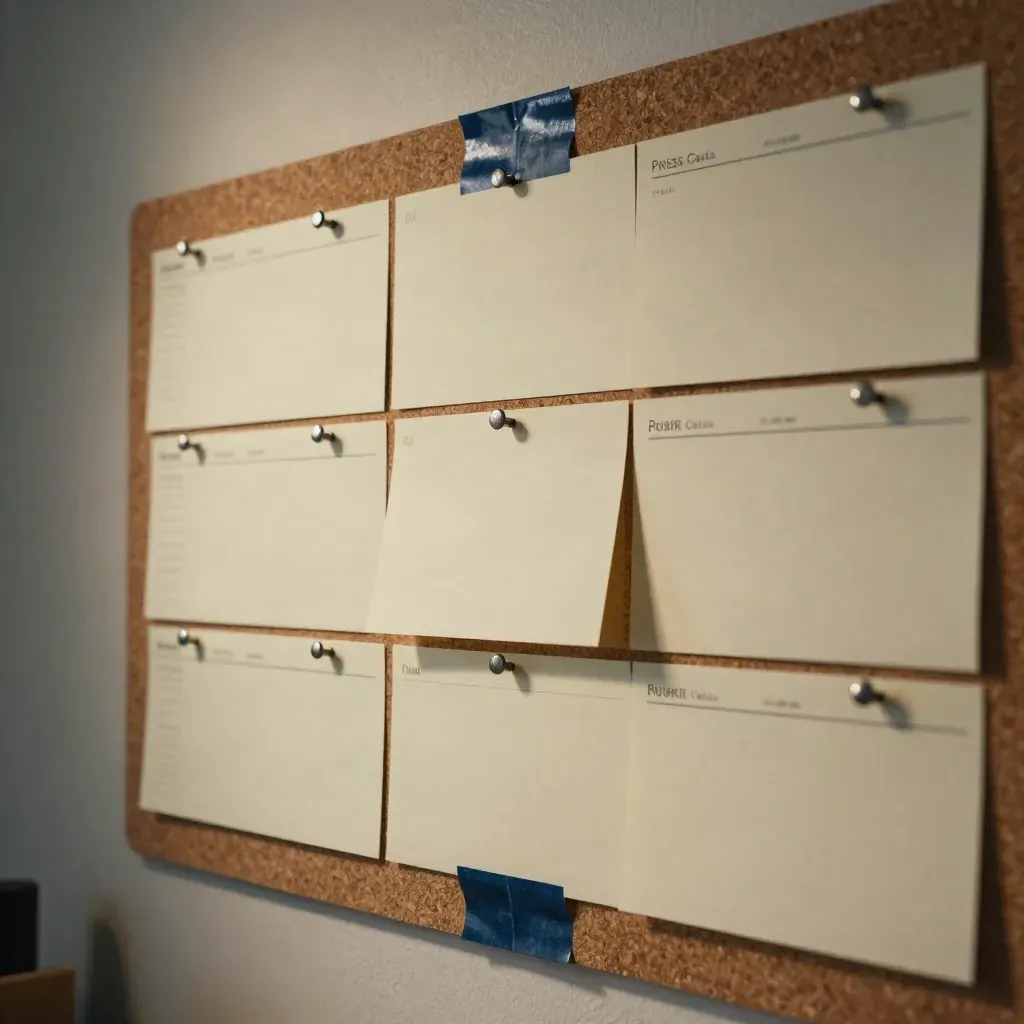 Schrägaufnahme einer Wochenplaner-Wand mit blanken Karten, Kork und Lampenlicht im Büro.