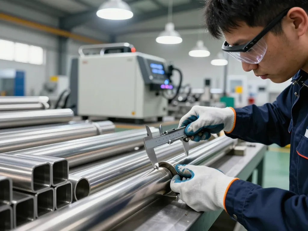 Technician measuring sumwin stainless steel pipes in a manufacturing facility.