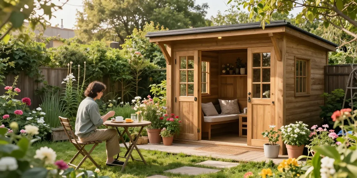 Gartenhäuser aus Holz in einem schönen Garten mit Gästen bei Tee.