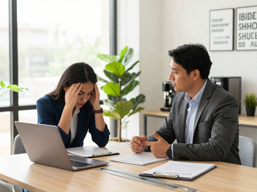 Stress mit Chef im modernen Büro, Mitarbeiter im Gespräch mit Führungskraft zur Klärung von Problemen.