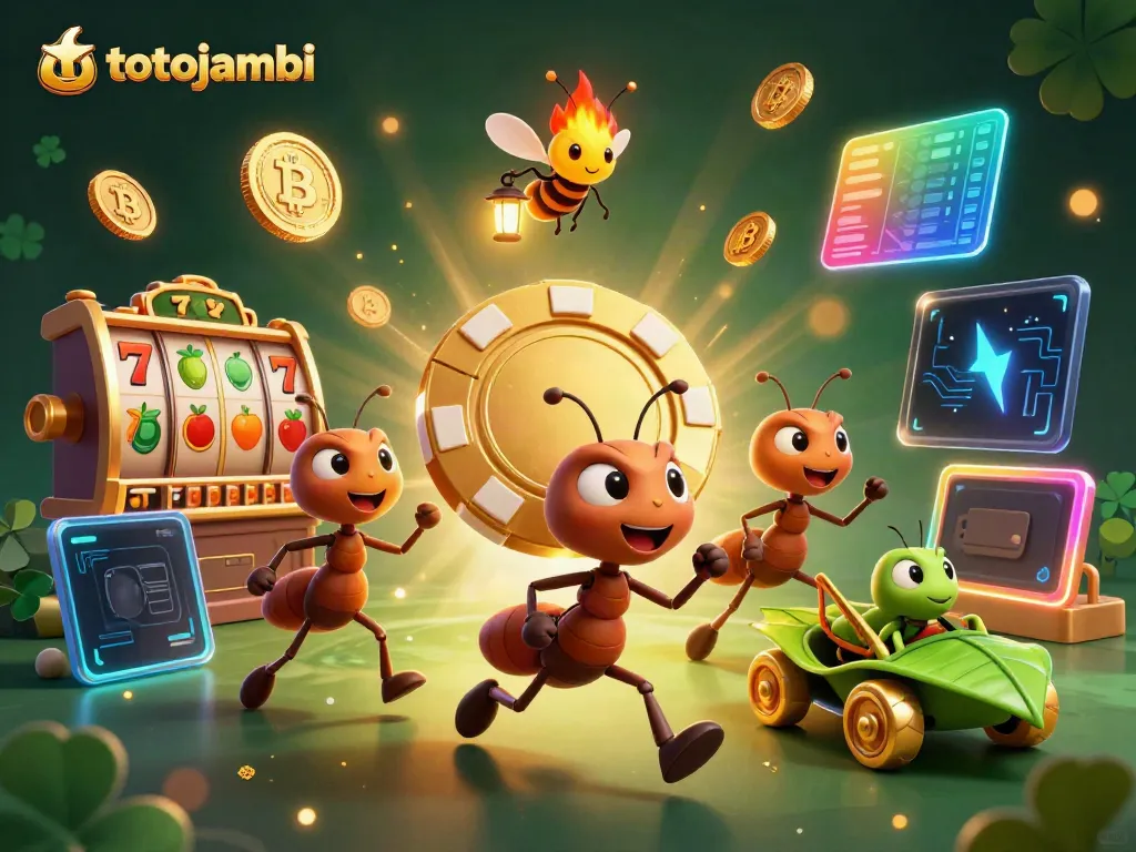 Join the whimsical adventure of the totojambi ants as they carry a giant poker chip through a vibrant casino tunnel.