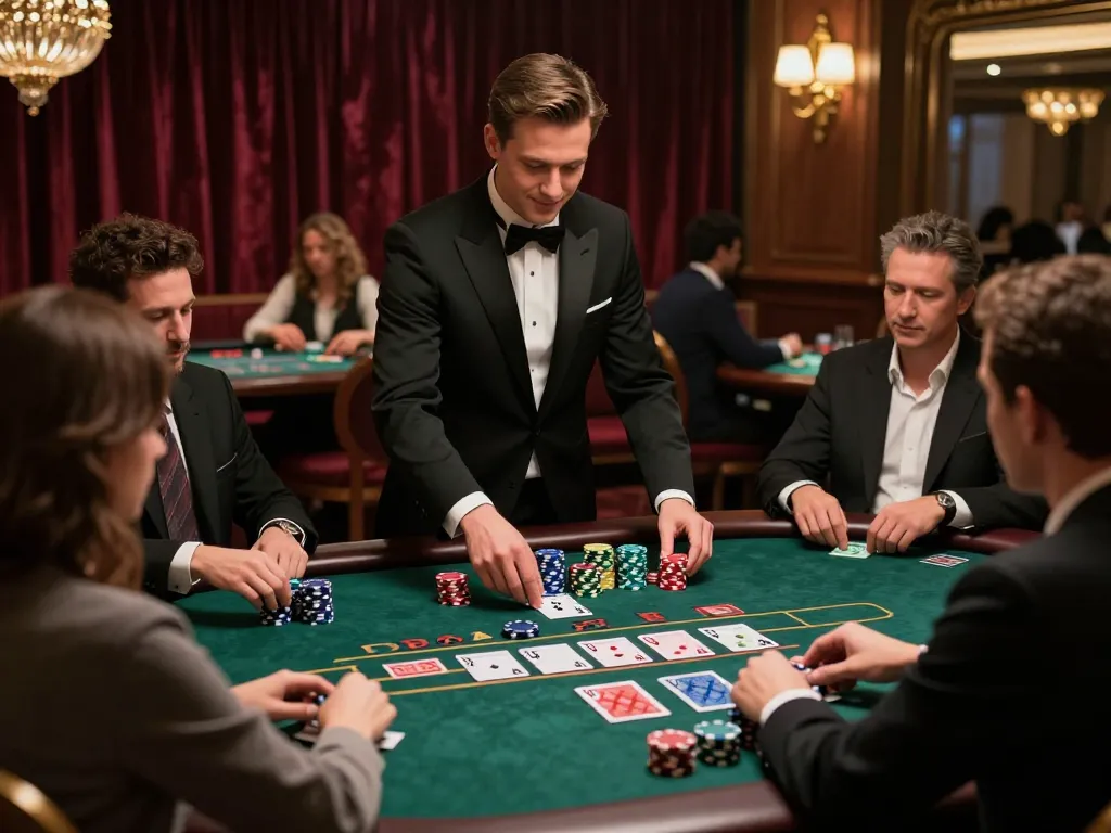 lc88pro players strategizing in an upscale blackjack game with vibrant casino decor