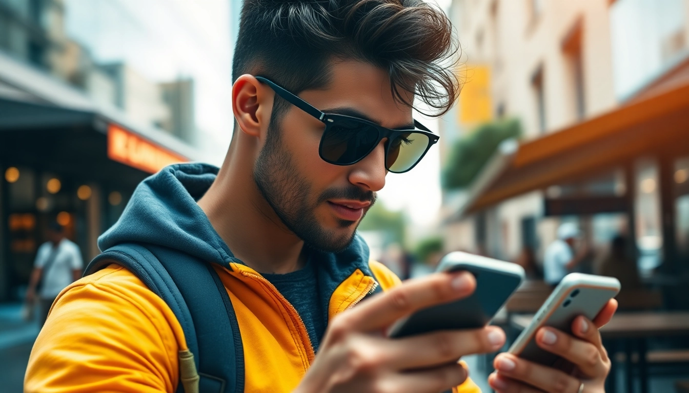 Tinder Bilder eines selbstbewussten Mannes in urbaner Umgebung mit Smartphone