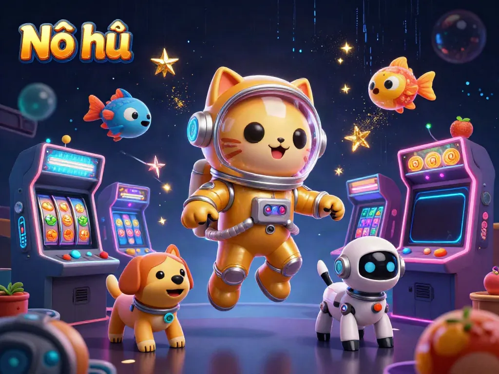 Nổ hũ slots game promotional illustration with vibrant characters, arcade machines, and golden effects