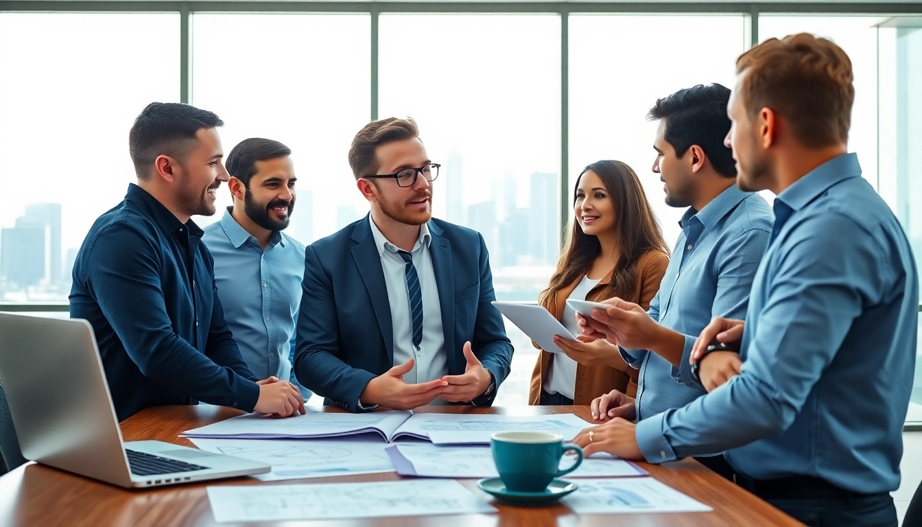 Headhunter Ingenieure im Gespräch mit Ingenieuren in einem modernen Büro.