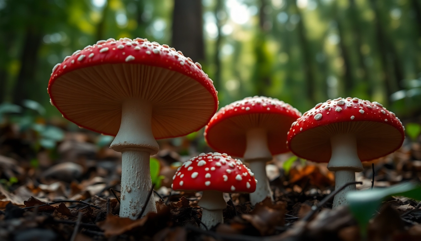 Fliegenpilz kaufen mit detailreichen, leuchtenden Kappen in einem magischen Waldsetting.