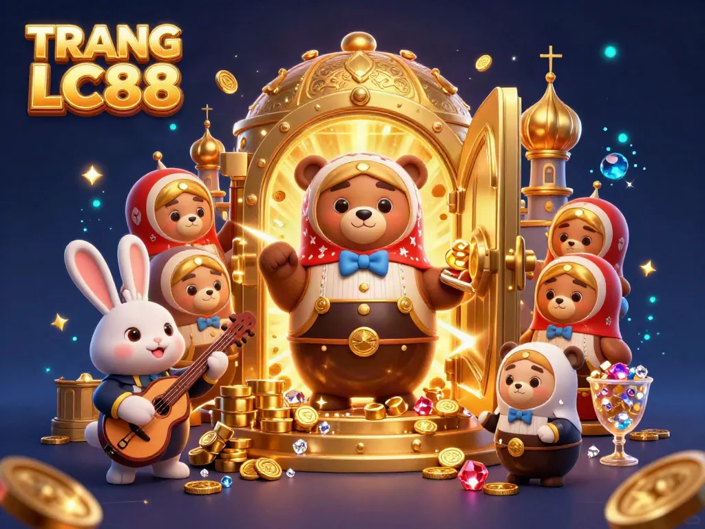 Engage with TRANG CHỦ LC88 through this vibrant illustration of bears and gaming elements, showcasing a dynamic casino scene.