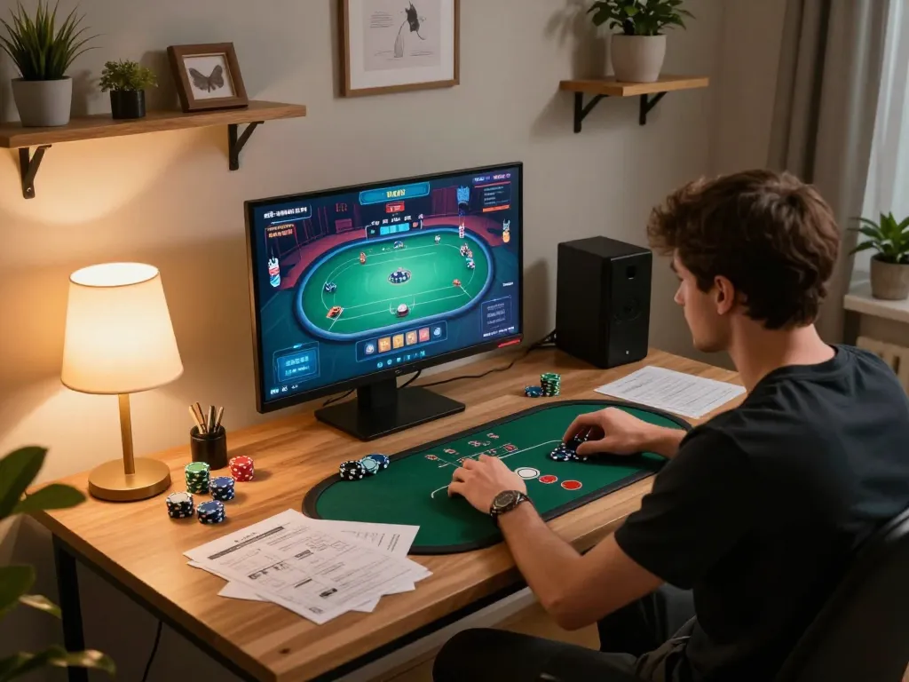 Engaged player on trang chủ 8KBET, navigating an online poker interface surrounded by strategy notes and gaming materials.