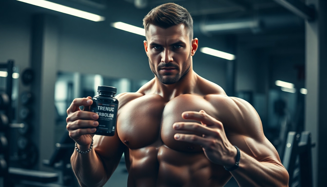 Trenbolon kaufen: Athlet zeigt Krafttraining mit Supplements in einem Fitnessstudio.