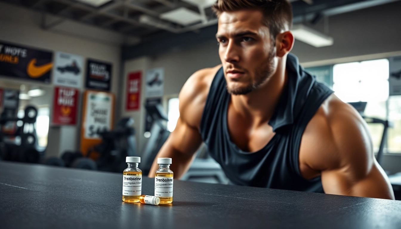 Trenbolon kaufen in einer inspirierenden Fitnessumgebung mit Vials auf der Bank.