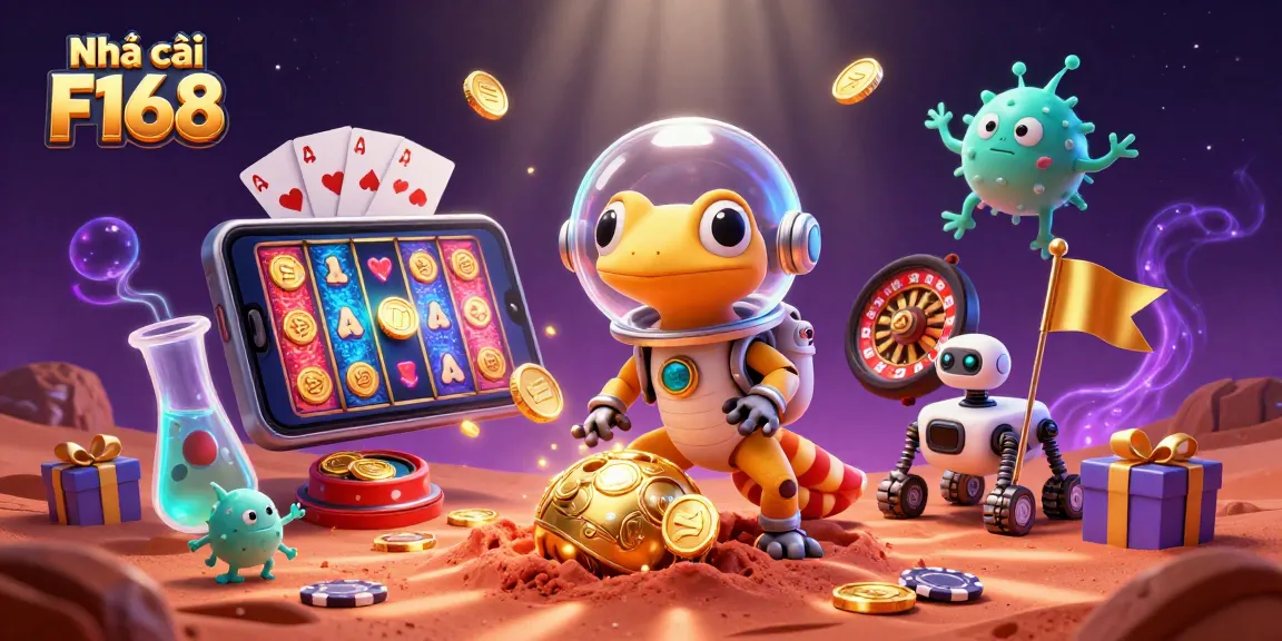 Engage with Nhà cái F168 in a vibrant casino world filled with slots, cards, and golden treasures.