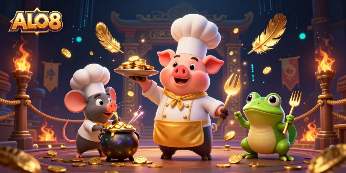Try winning big with ALO8's vibrant casino adventure featuring gold coins and festive characters.