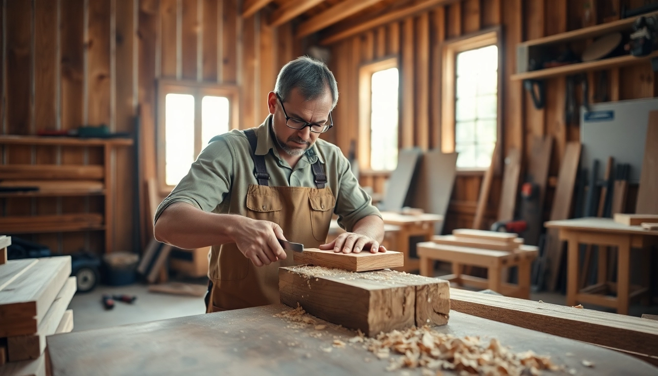 Craftsman carpenter shaping wood in a sunlit workshop with professional tools.