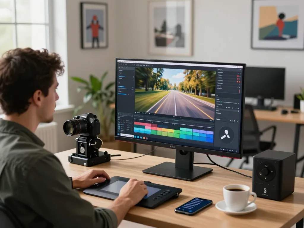 Professional workspace showcasing free motion control video creation with Kling 2.6, featuring a user editing AI-generated videos on a vibrant desktop.