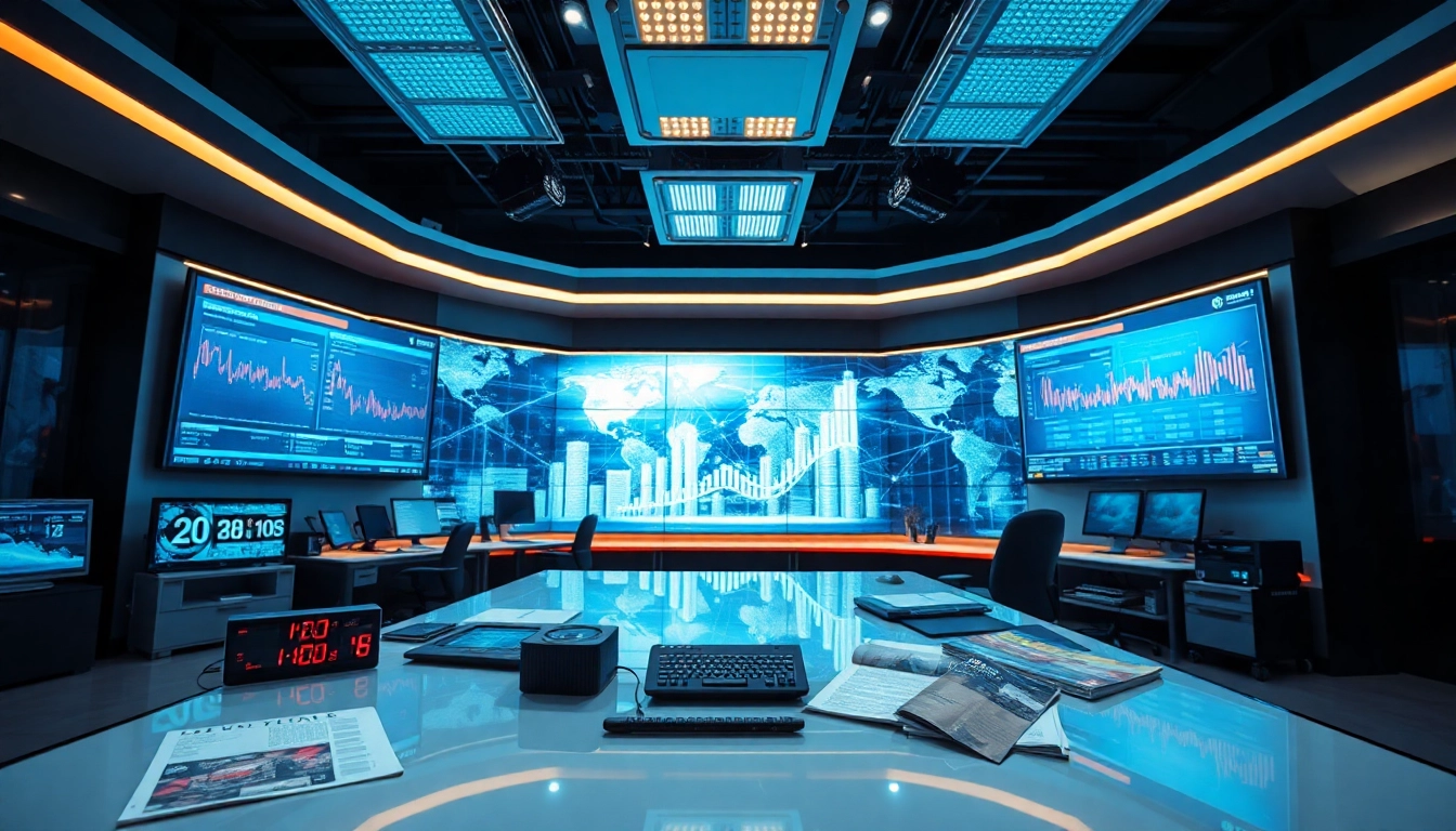 Technik News-Reporter präsentiert brillante Neuigkeiten in modernem Studio mit Technologie-Displays.