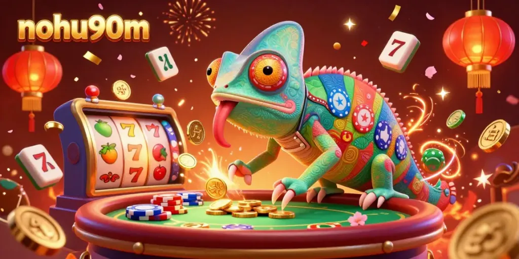 Nohu90m casino owner chameleon captures golden coins, surrounded by dynamic slot reels and festive decorations.