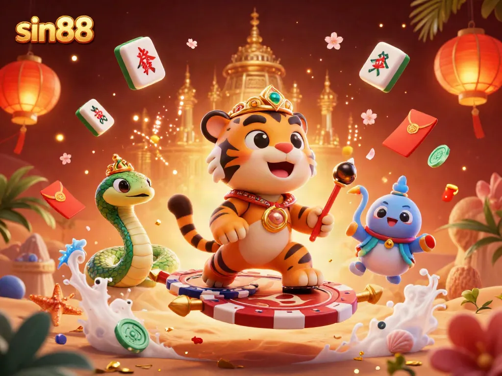 Engage with sin88's vibrant casino world, featuring a sultan on a poker chip carpet amidst rich gambling elements.