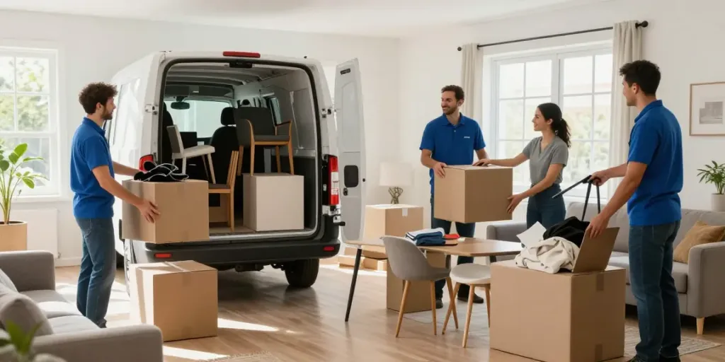 Professionelle Wohnungsauflösung Berlin Marzahn mit freundlichen Umzugshelfern beim Verpacken von Möbeln.