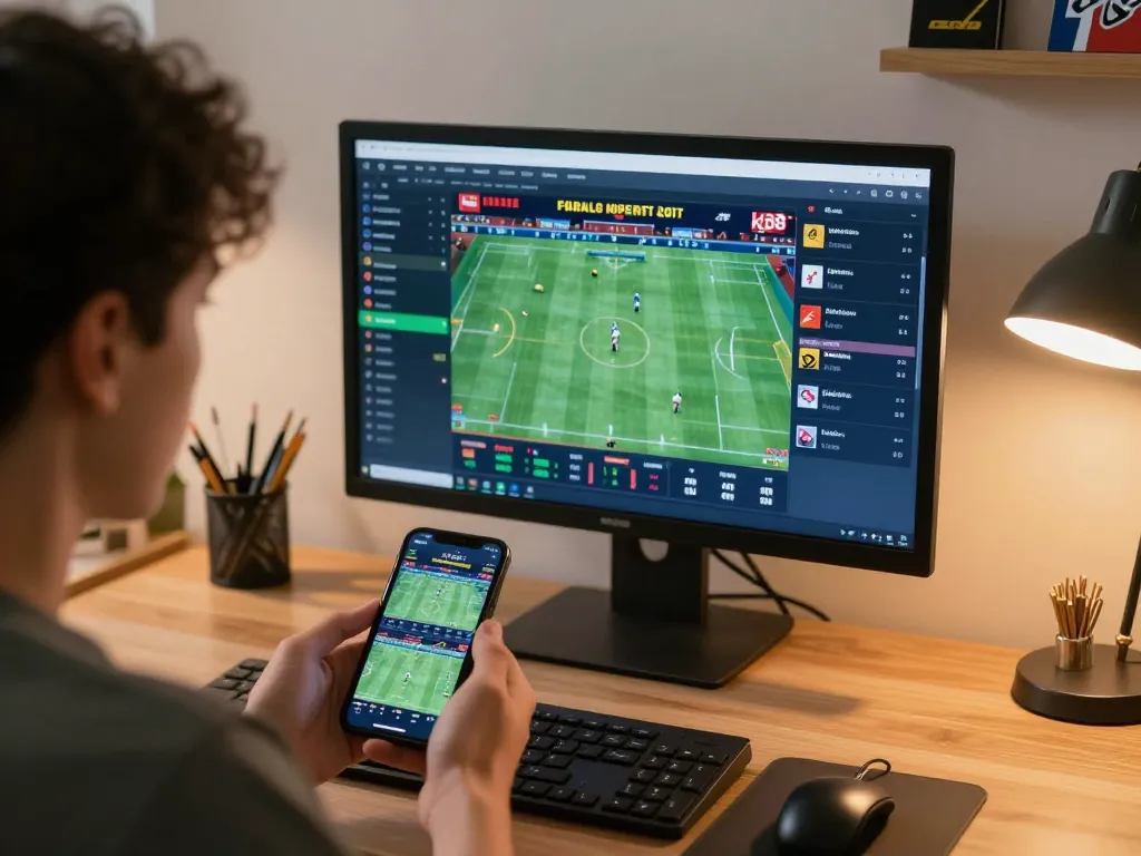 Engaged user analyzing kp88 sports betting odds on dual screens during live games.