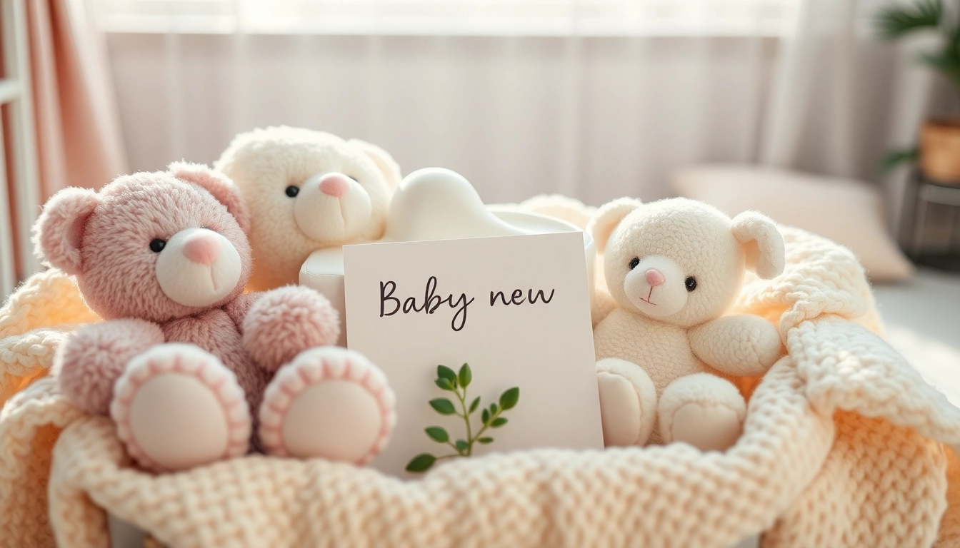 Geschenk zur Geburt mit personalisierten Babyartikeln in einem gemütlichen Kinderzimmer.