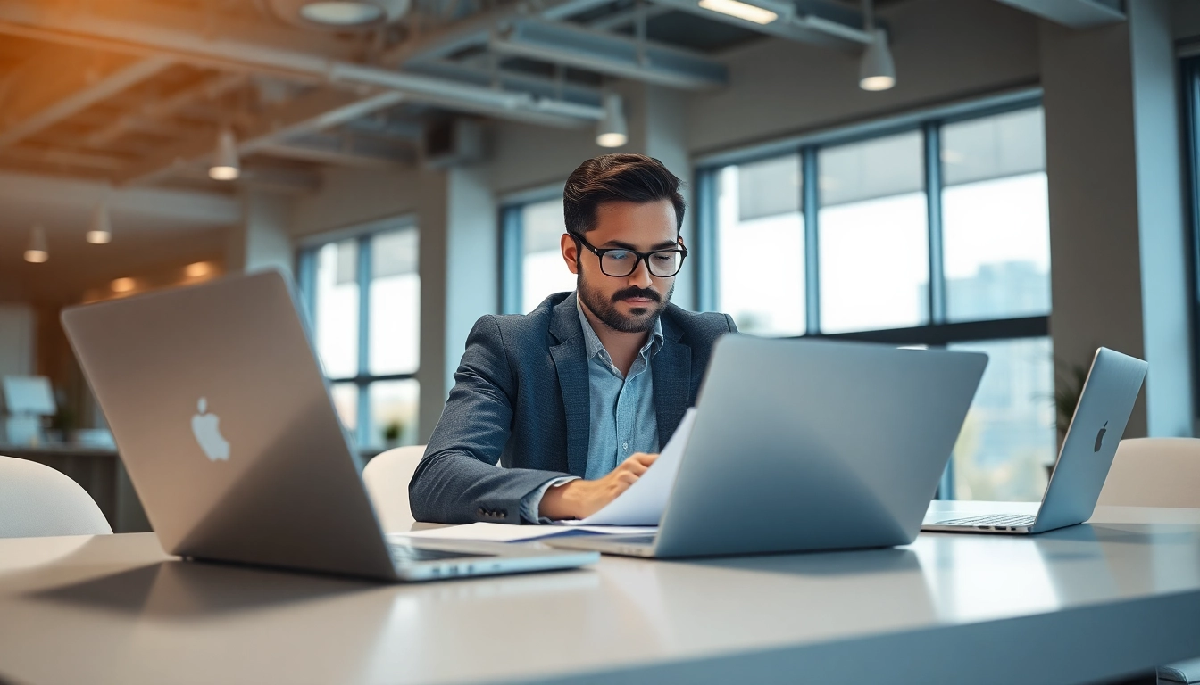 Headhunter Ingenieure überblickt Bewerbungen in einer modernen Büroumgebung