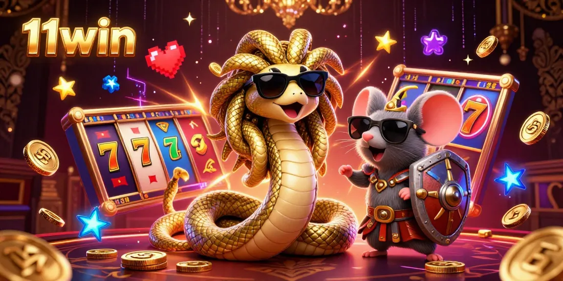 Engage with thrilling casino action at 11win, featuring Medusa and a warrior mouse amidst lively slot reels.