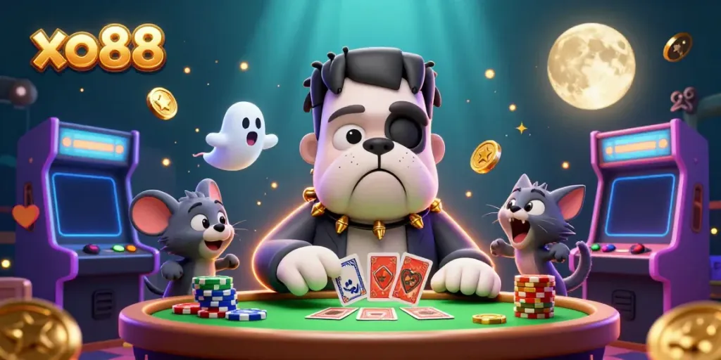Experience vibrant gaming at xo88 with a spooky, animated casino scene featuring lively characters and gaming elements.