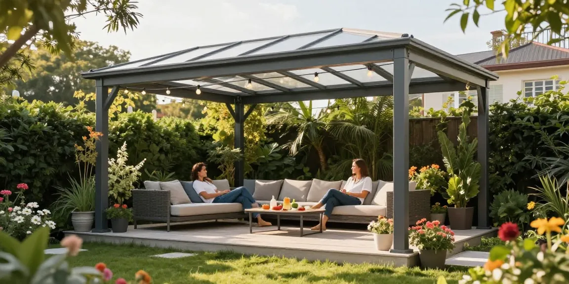 Terrassenüberdachung freistehend im Garten mit modernem Sitzbereich und Sonnenschutz.