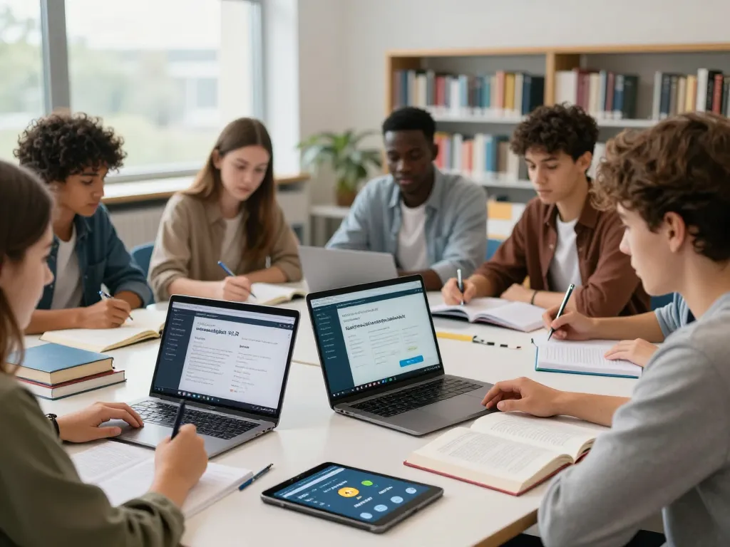 Schüler arbeiten gemeinsam an Hausaufgaben mit Hausaufgaben KI in einer modernen Bibliothek.