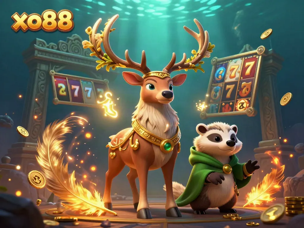 Engage with xo88, a whimsical 3D illustration of a Celtic stag and badger in a dynamic casino scene filled with shimmering coins and slot machine elements.