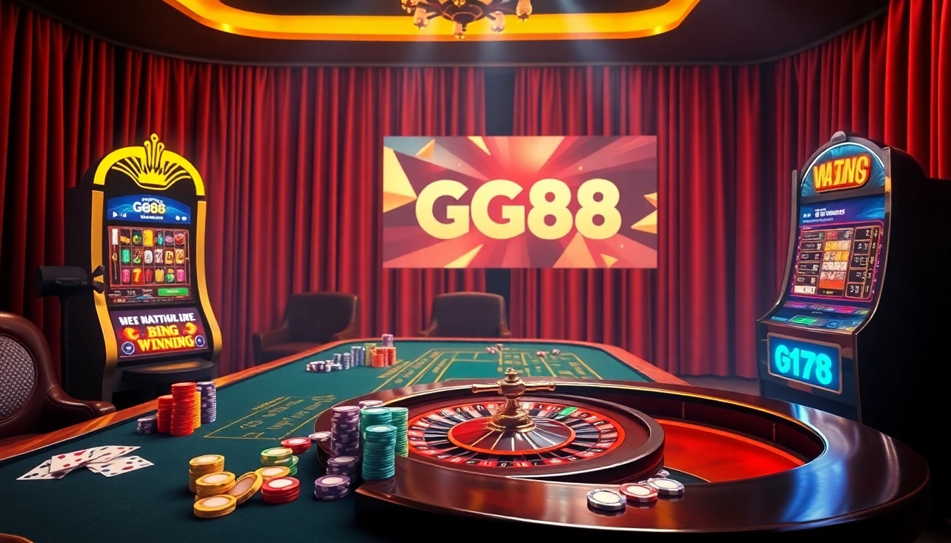 Engaging casino atmosphere with GG88 branding, featuring roulette, slot machines, and vibrant gaming elements.