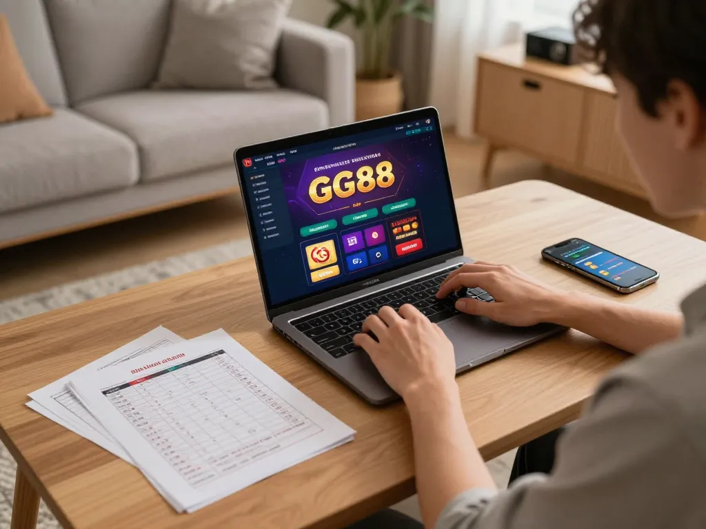 Player engaging with the GG88 casino app in a cozy home setup, focusing on online gambling strategy.