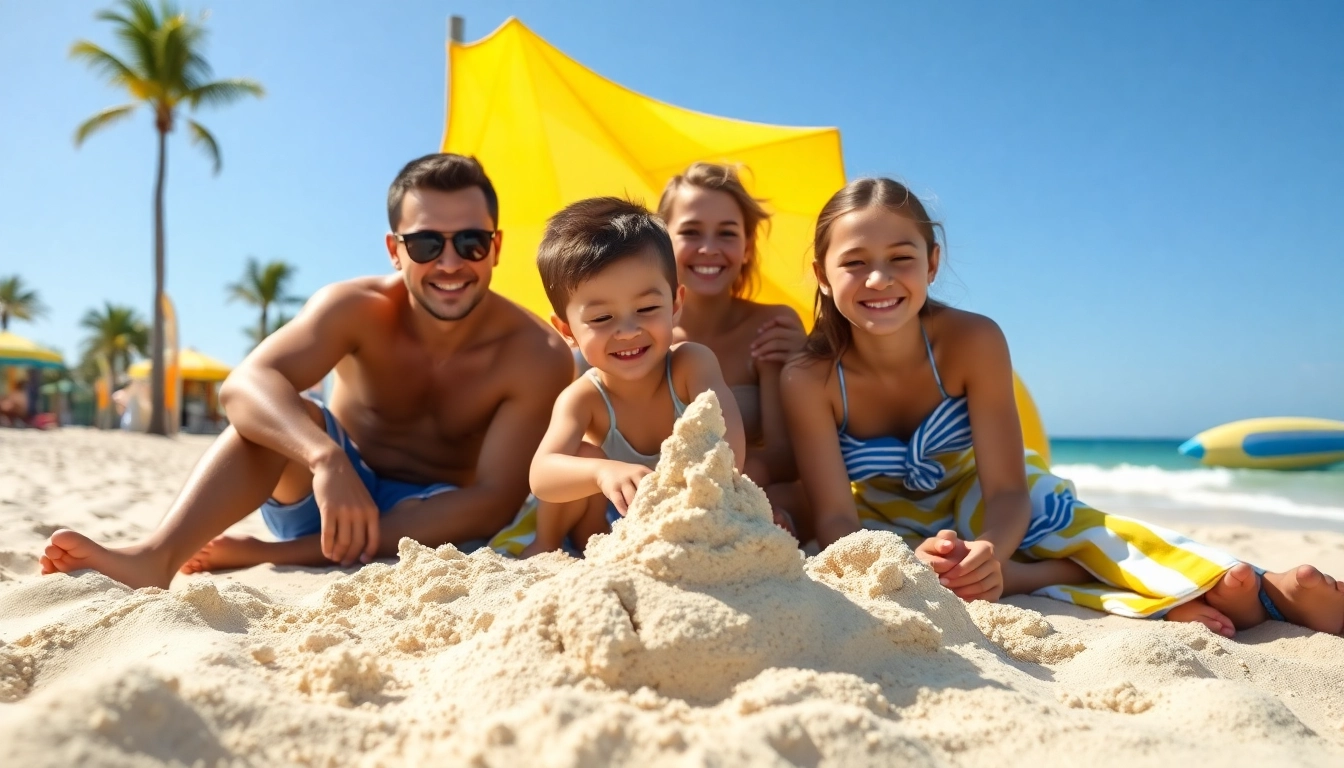 Familie genießt Urlaub Tipps am Strand mit Kindern, die Sandburgen bauen.