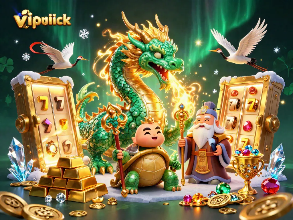 Engage with vipluck's dynamic gaming world featuring a jade dragon and vibrant casino elements.
