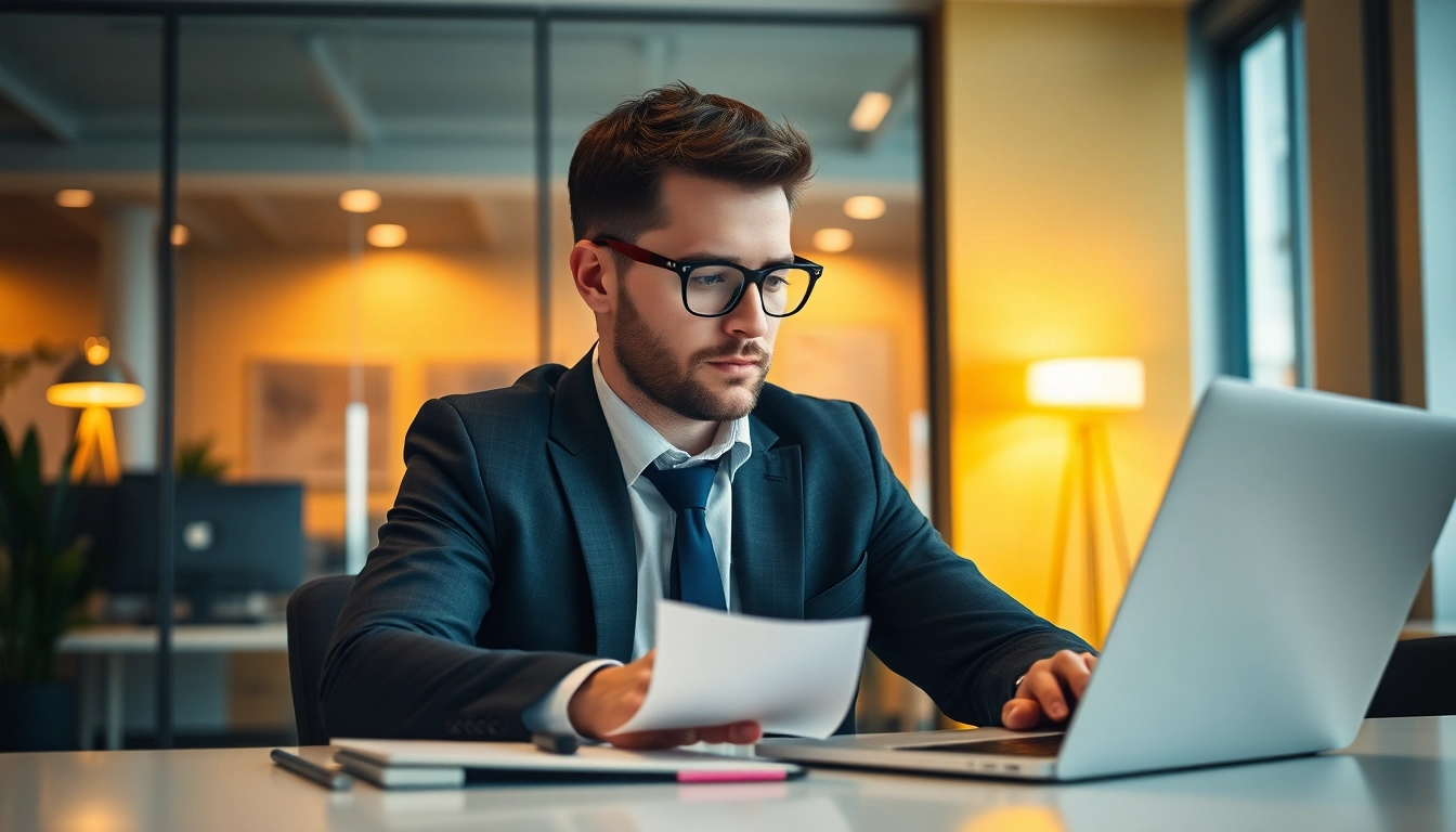 Headhunter berät Kandidaten in einem modernen Büro, während er auf einen Laptop schaut.