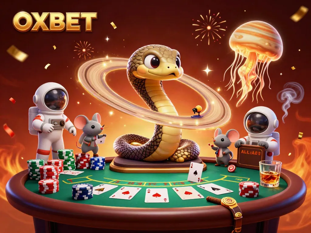 Experience OXBET with a vibrant cosmic casino scene featuring a roulette wheel and betting mice.