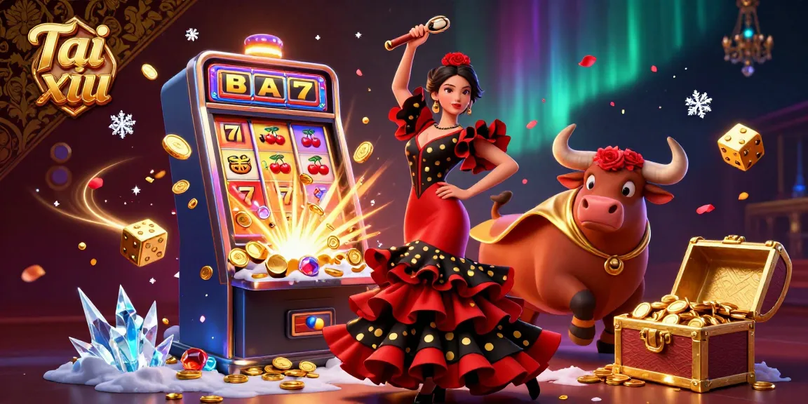 Experience the energetic Tai xiu casino game with vibrant visuals of a Spanish dancer and a cartoon bull amidst a jackpot explosion.