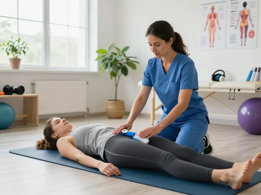 Patient utilizing Pelvi-care.de's pelvic floor muscle trainer under expert guidance in a modern clinic.