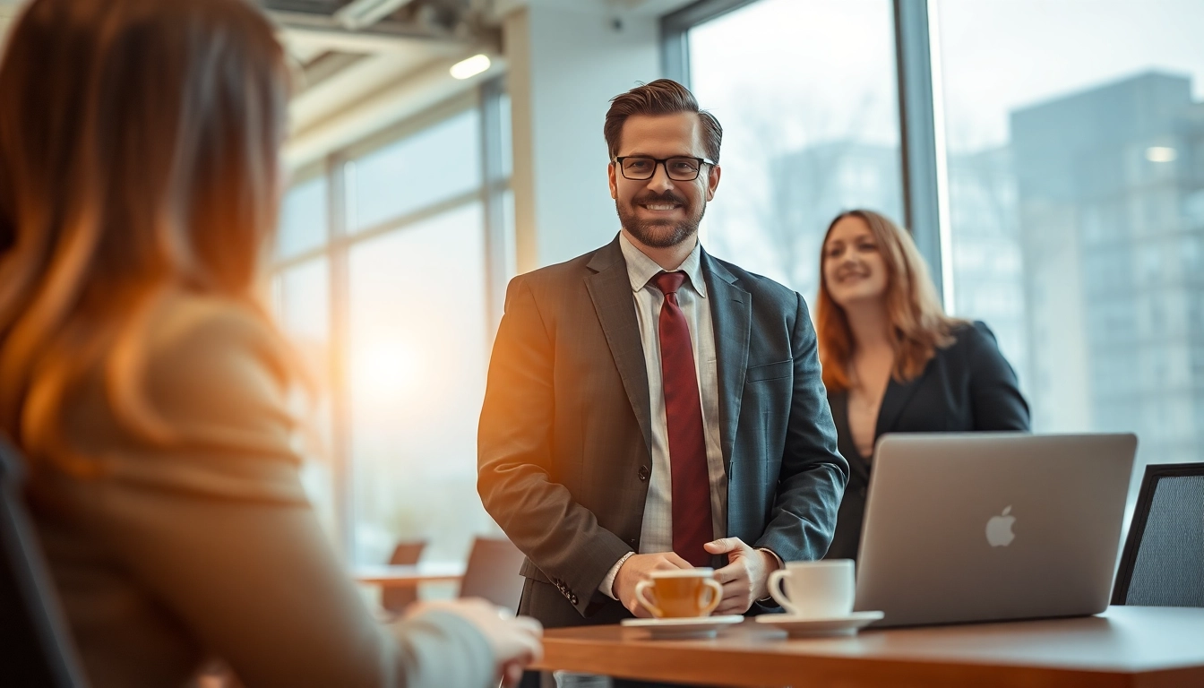 Professioneller Headhunter Mannheim, der in einem modernen Büro mit potenziellen Kandidaten interagiert und dabei ansprechend und kompetent wirkt.