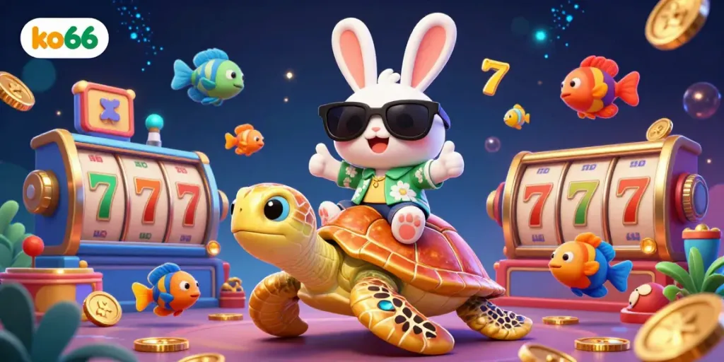 Experience thrilling casino slots with the vibrant ko66 characters in a festive underwater scene.