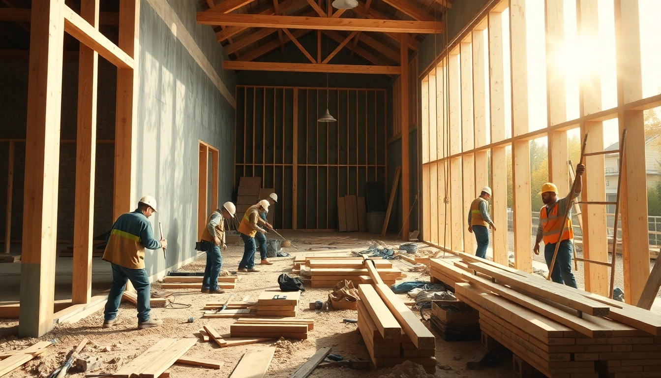 Haus bauen auf einer Baustelle mit aktiven Bauarbeitern und Material.