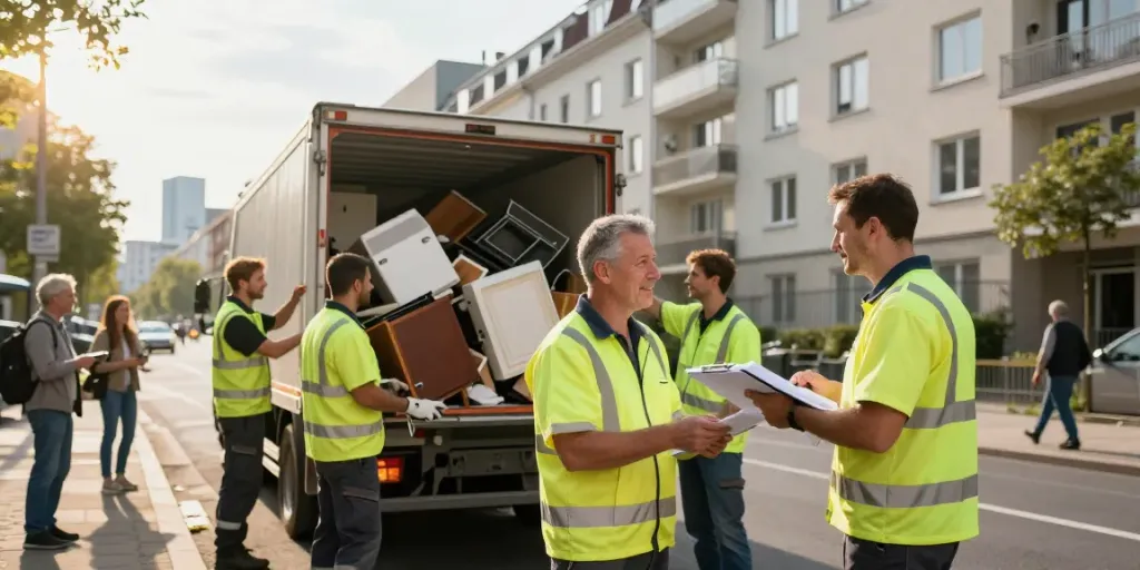 Sperrmüllabholung Berlin: Professionelles Team bei der Abholung von Sperrmüll in Berlin, mit Stadtlandschaft im Hintergrund.