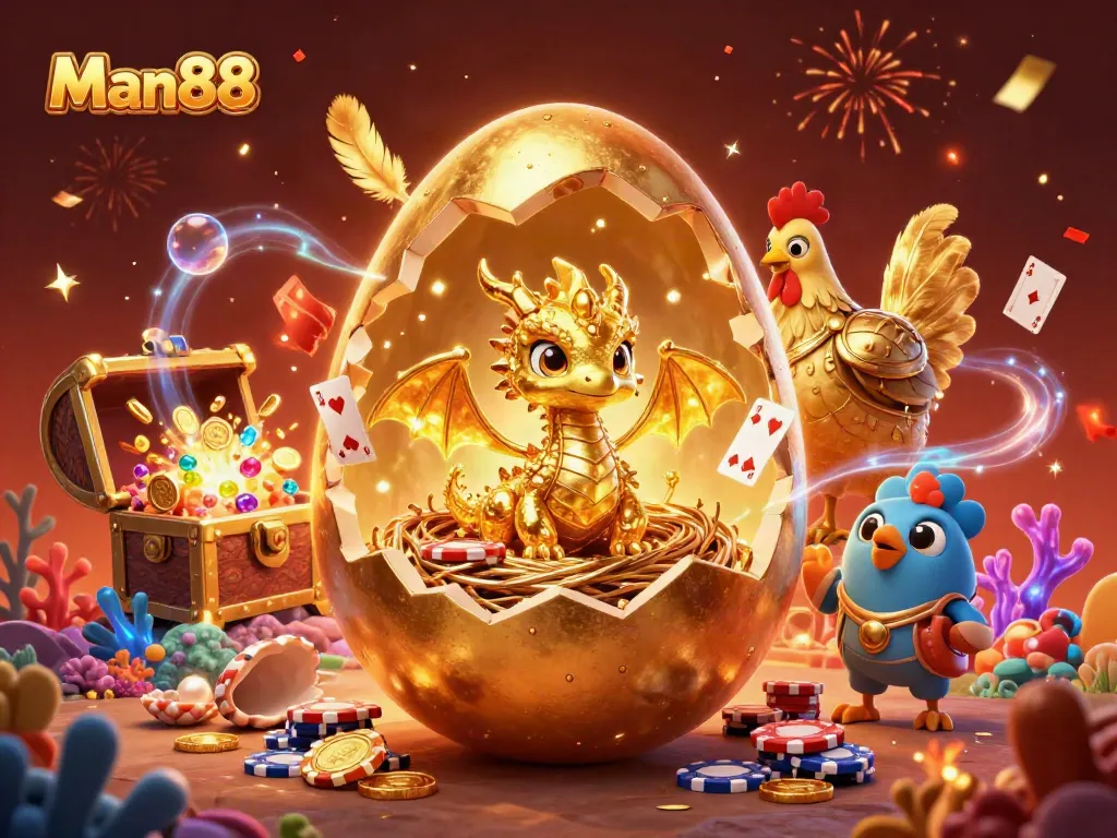 Man88 captivates viewers with stunning 3D illustration of a golden dragon and poker chips amidst vibrant casino elements.