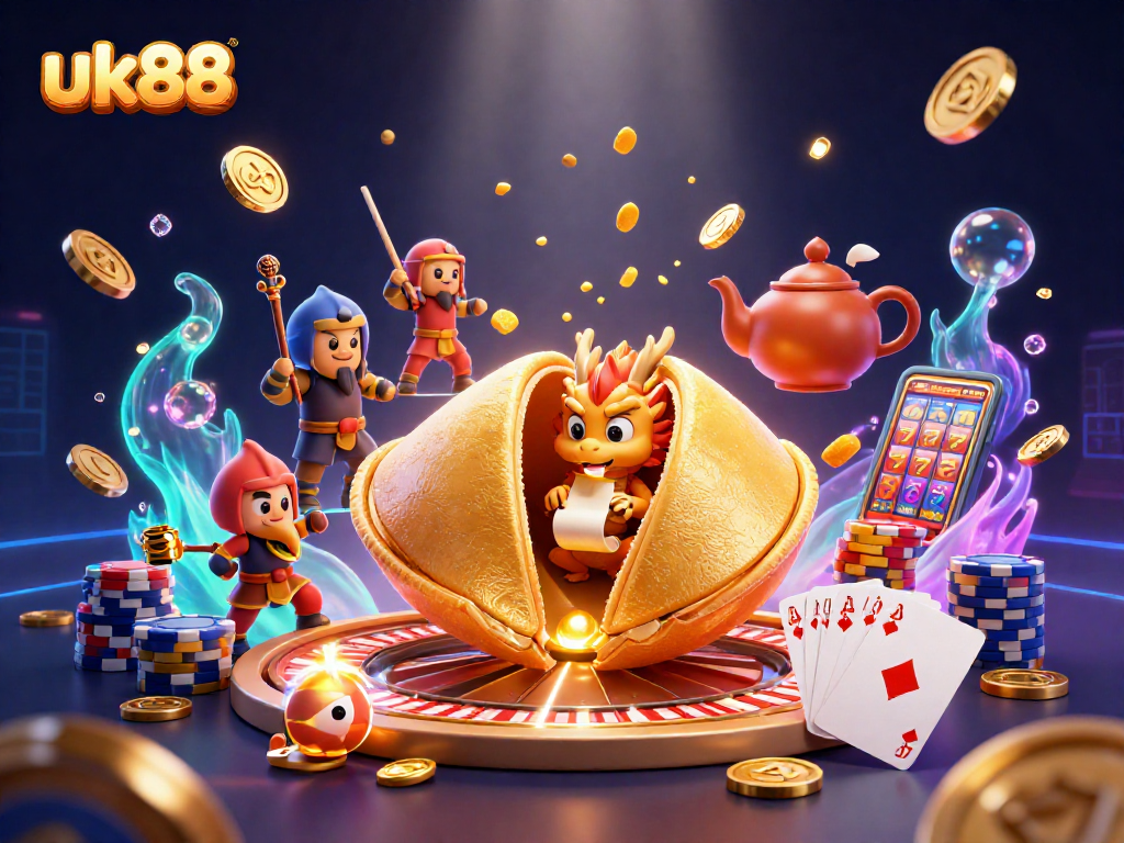 Engage with exciting uk88 gaming opportunities as the dragon reads fortune rolls amid cascading coins.