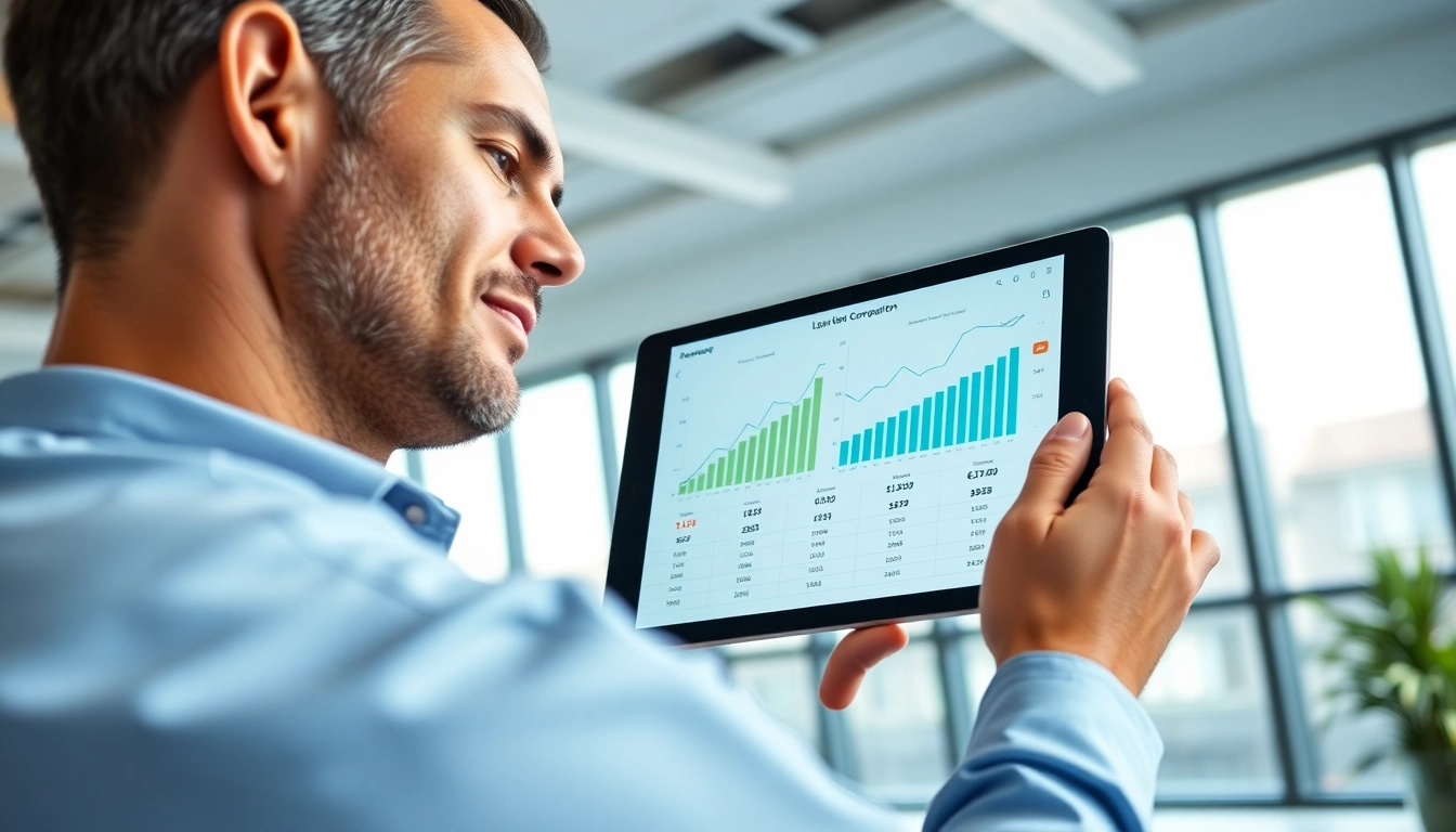 Kreditvergleichsrechner auf einem Tablet in einem modernen Büro analysiert