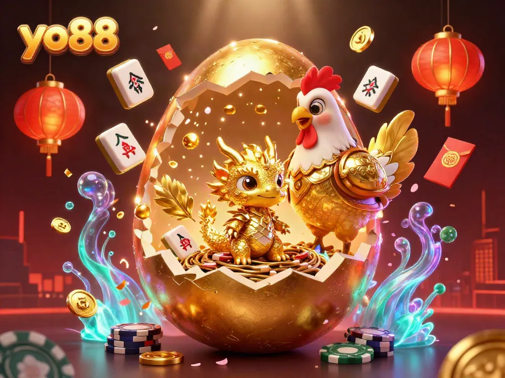 Experience the thrill of yo88 with the striking golden egg and dragon illustration amid vibrant gaming elements.