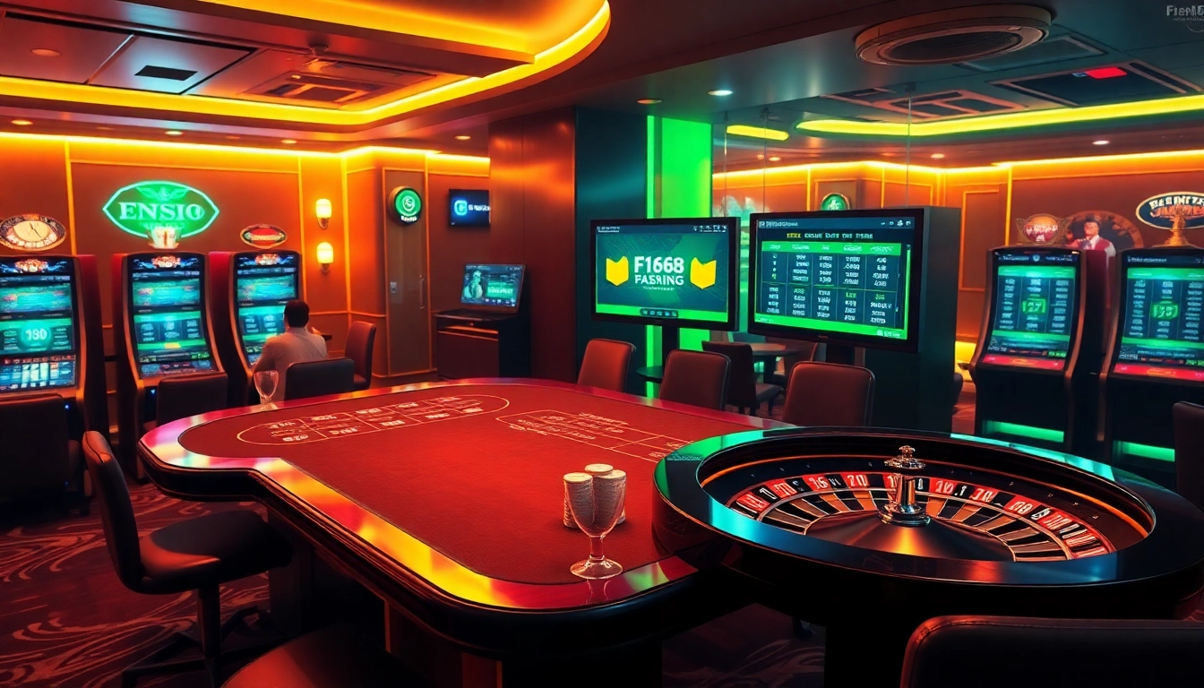 Engaging scene on https://f168.vision/ with players enjoying poker and vibrant slot machines.