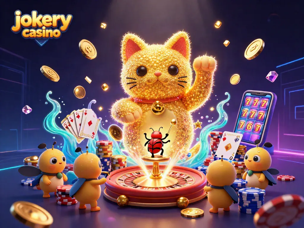 Experience the thrill of jokery casino with vibrant 3D visuals featuring a lucky cat and dynamic casino symbols.